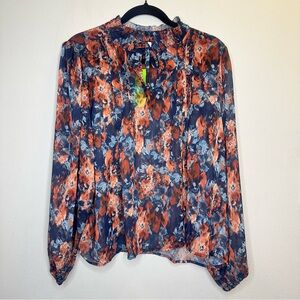 Sam Edelman Women’s Long Sleeve Top Colorful Flowers Print Neck Tie Blouse Sz L